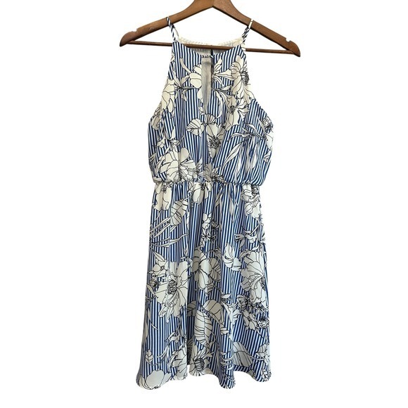 Lush Striped Floral Halter Midi Dress Blue White Sleeveless Summer Casual small - Picture 6 of 6